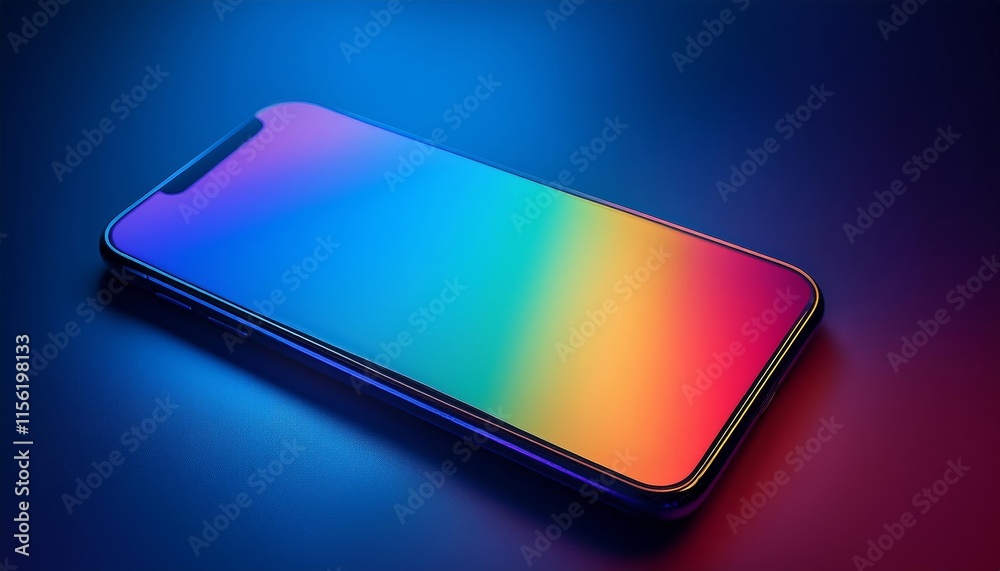 A phone with a rainbow colored screen is displayed on a dark background A phone with a rainbow colored screen is displayed on a dark background
