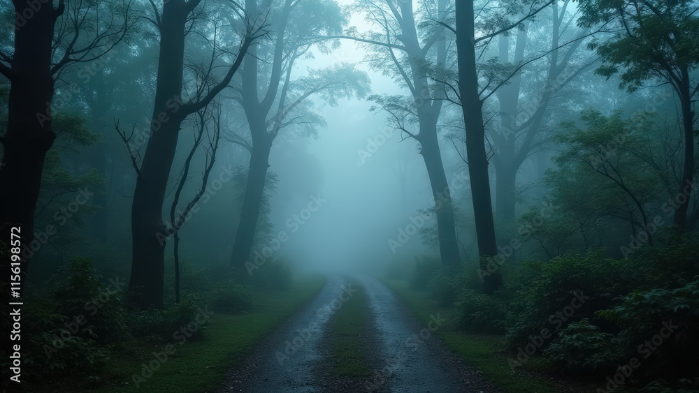 Obraz premium Mystical Forest Road: Ethereal Fog and Dark Trees