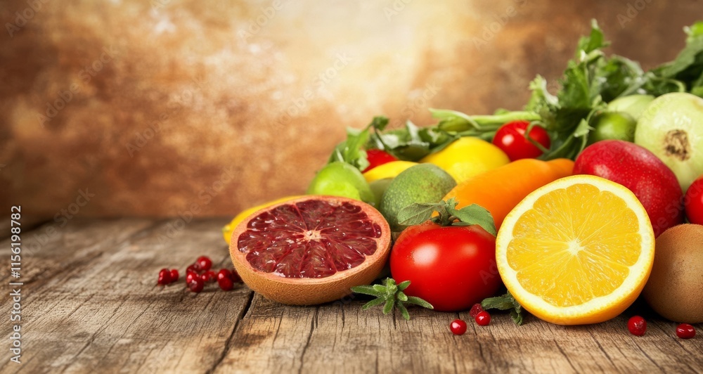 Colorful fresh fruits and vegetables on rustic wooden table. Colorful fresh fruits and vegetables on rustic wooden table.
