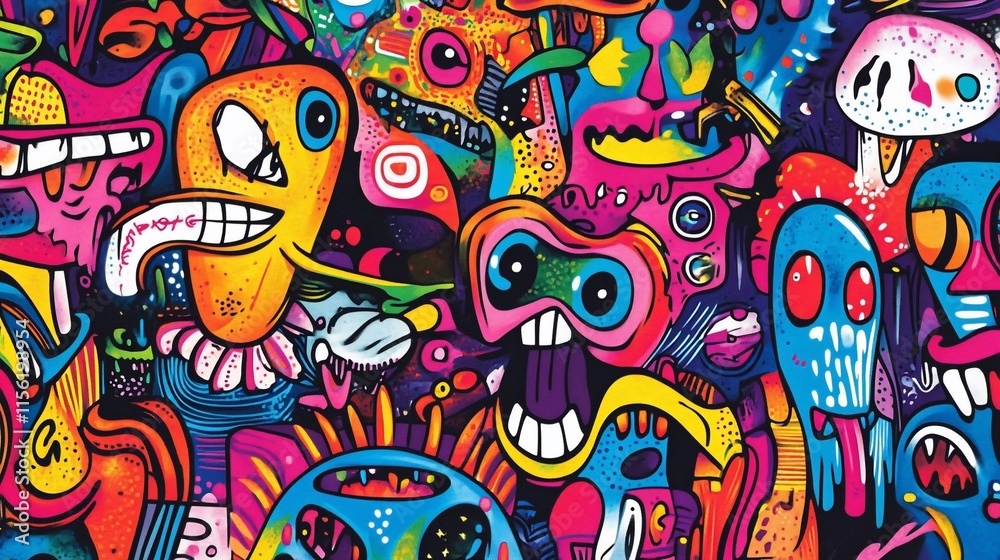 Vibrant, colorful doodle art featuring whimsical monsters and abstract shapes. Vibrant, colorful doodle art featuring whimsical monsters and abstract shapes.