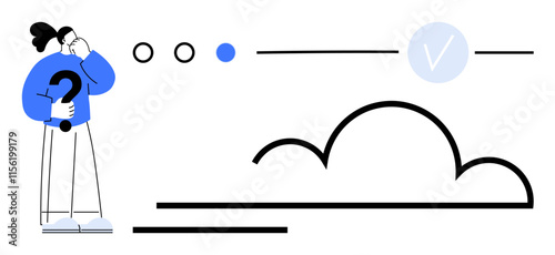Person holding a question mark, cloud shape, progress indicators, check mark, and abstract lines. Ideal for brainstorming, problem-solving, decision-making, progress tracking project management