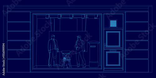 Blue drawing of a room with two people and a chair. The room is empty and the people are walking around