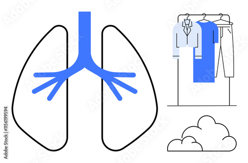 Human lungs outline with blue bronchial tree, clothes on a rack, and clouds. Ideal for health, respiratory, hygiene, environment, clean air fresh living wellness themes. Line metaphor