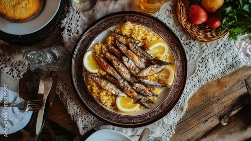 Black Sea region's hamsi tava (fried anchovies) served with cornbread  photo