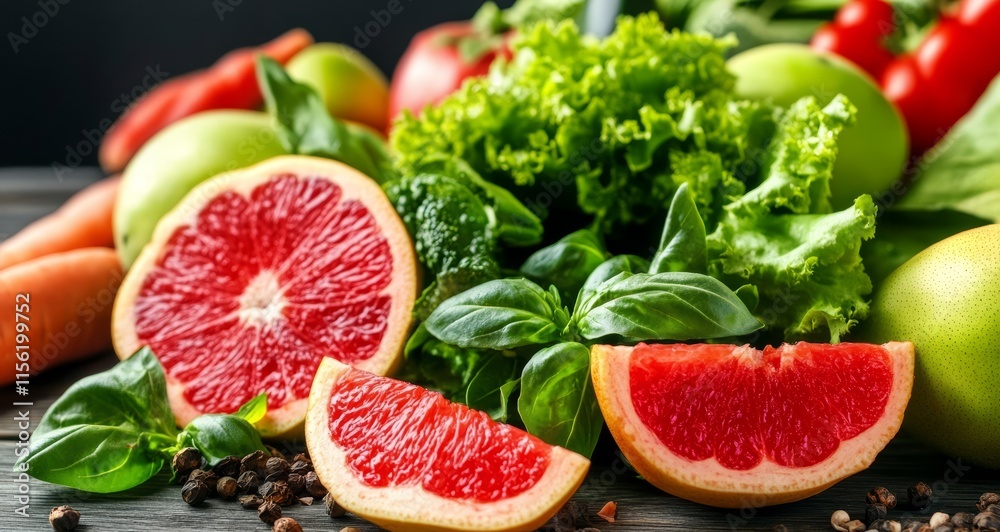 Fresh, vibrant fruits and vegetables on a rustic wooden surface. Fresh, vibrant fruits and vegetables on a rustic wooden surface.