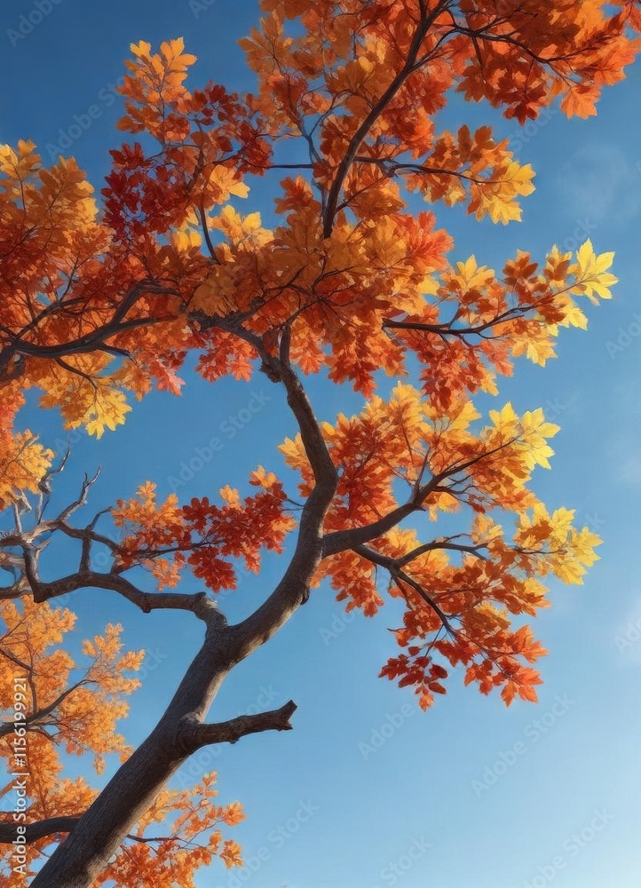 Naklejka premium A lone oak branch heavy with vibrant orange red yellow leaves against blue sky, trees, outdoor scene