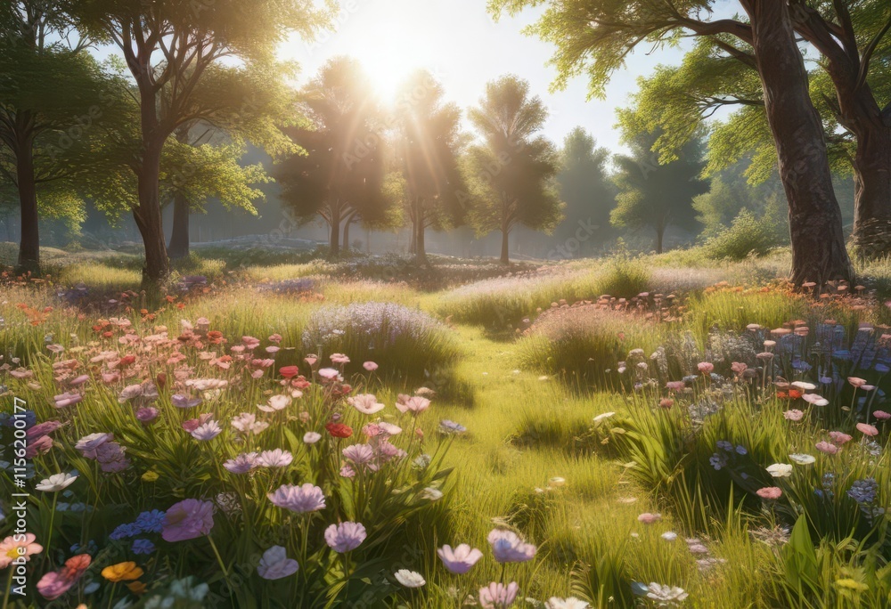 Obraz premium Blooming flowers in a meadow with trees and sunshine , floral, organic