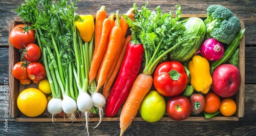 Colorful assortment of fresh vegetables and fruits in a wooden crate. (1)