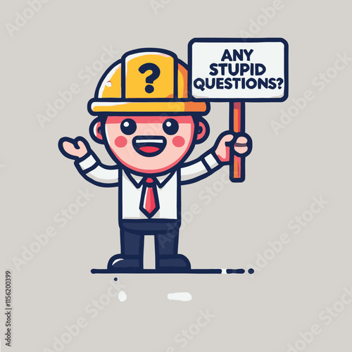 cartoon of a man holding an any stupid question sign in a flat design