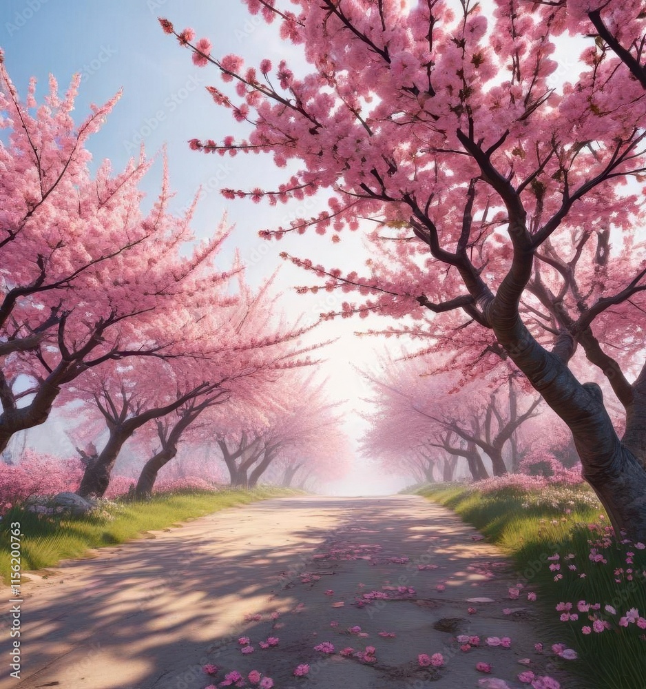 Fototapeta premium Colorful botanical illustration of blooming cherry blossom trees , nature, seasons change