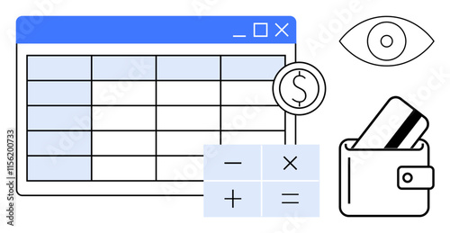 Spreadsheet with dollar sign lens, calculator with math symbols, wallet with cards, and eye icon. Ideal for budgeting, financial planning, money management, expense tracking, personal finance