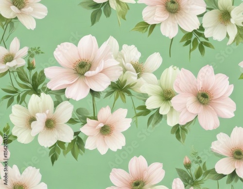 Delicate watercolor blooms on pastel green background,  floral design,  gentle