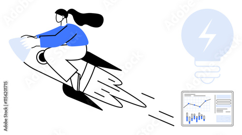 Businesswoman rides a rocket symbolizing upward growth while a data analytics dashboard and lightbulb with lightning bolt represent innovation and insights. Ideal for entrepreneurship, startups, tech