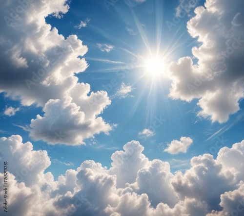 Distressed old paper with stylized sky pattern featuring fluffy white clouds and bright blue skies with subtle sunshine glow ,  nostalgic,  sky
