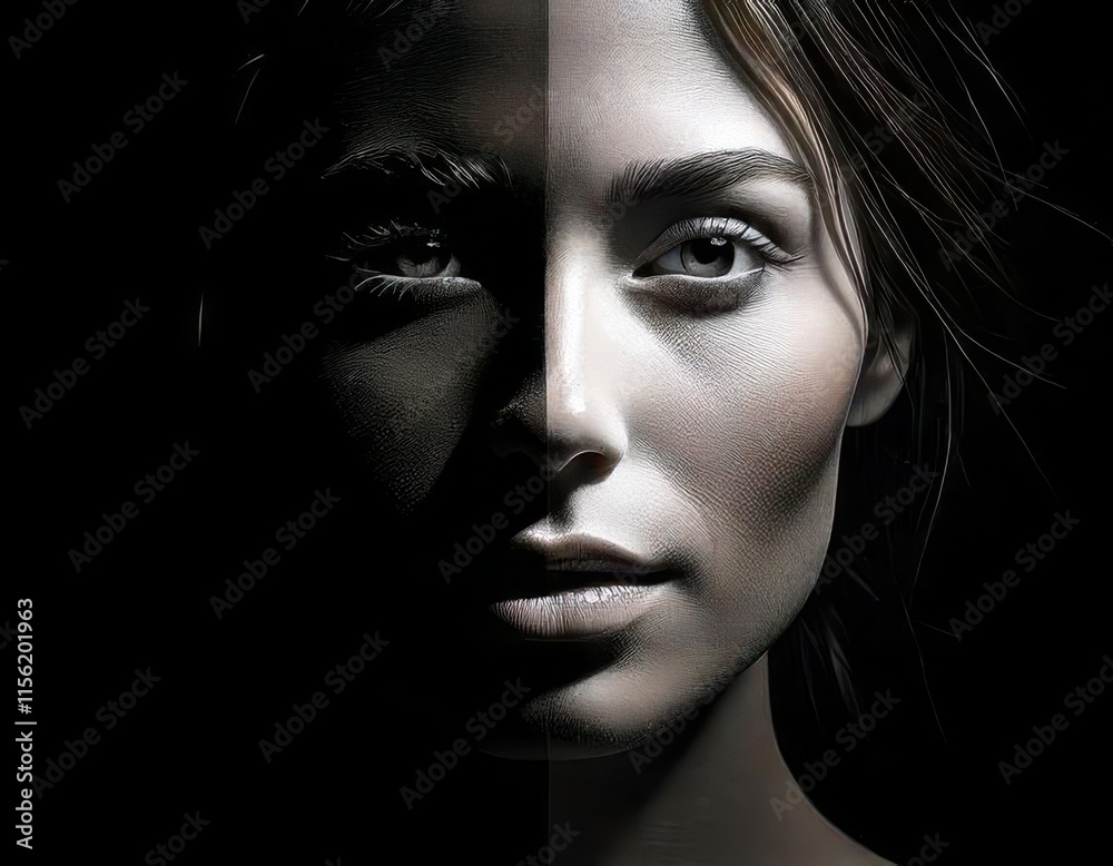 Artistic close-up of a woman face divided by shadow and light, showcasing striking details and a dramatic mood. Artistic close-up of a woman face divided by shadow and light, showcasing striking details and a dramatic mood.