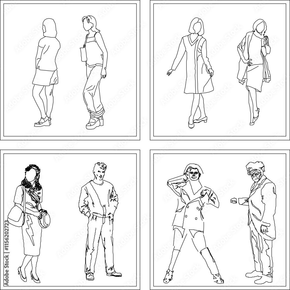 Fototapeta premium Vector sketch illustration, silhouette design, decorative image of people doing activities