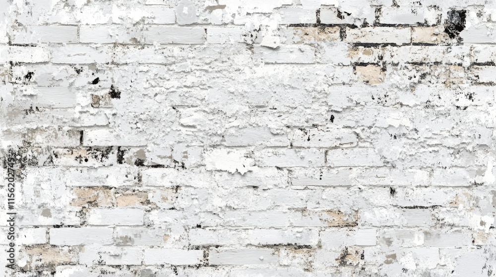 Fototapeta premium Texture of a weathered white brick wall showcasing peeling paint and rough patches, creating an intriguing backdrop for various design applications and artistic projects.
