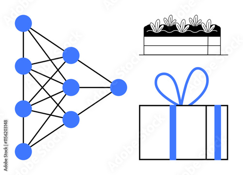 Neural network diagram with interconnected nodes, garden bed with plants, and a wrapped gift box with a bow. Ideal for AI, data science, machine learning, gardening, gifts celebrations growth. Line photo