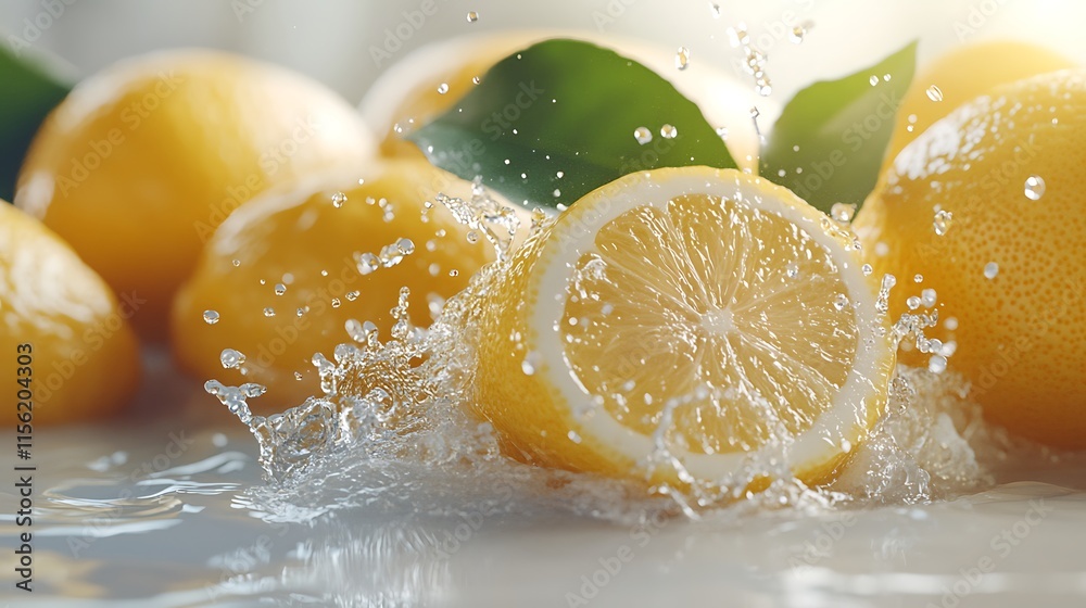Refreshing lemons splashing in water kitchen food photography bright