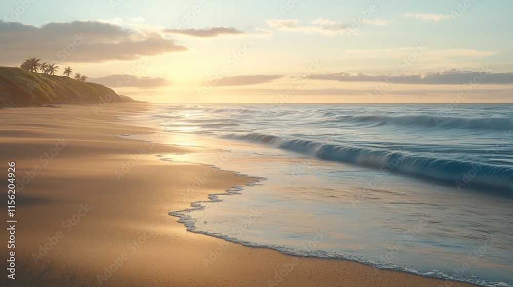 Fototapeta premium Sunrise on a tranquil beach with gentle waves.