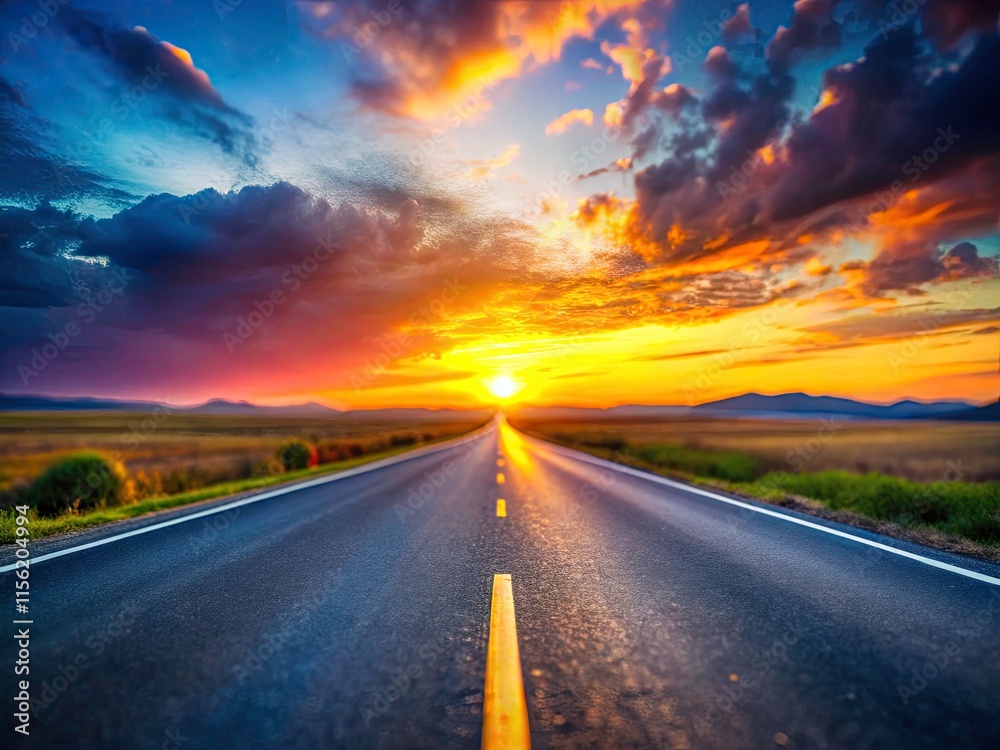 Naklejka premium Tilt-Shift Sunrise Highway Photography: Empty Asphalt Road, Golden Hour, Miniature Effect