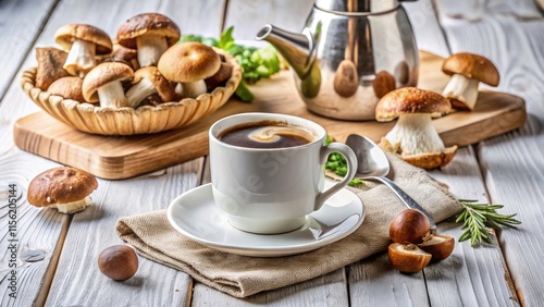 Wallpaper Mural Trendy Mushroom Coffee Photography: Healthy Coffee Drink with Mushrooms, White Wooden Background Torontodigital.ca