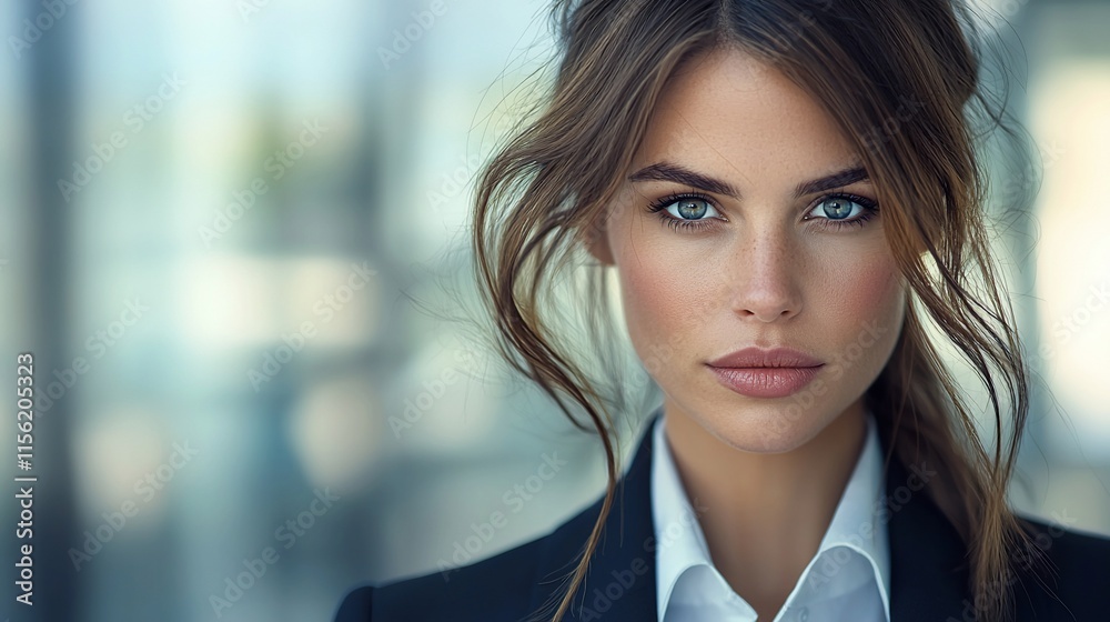 Obraz premium Close-up portrait of a young woman with blue eyes and brown hair styled in a half-updo, wearing a black blazer and white shirt.