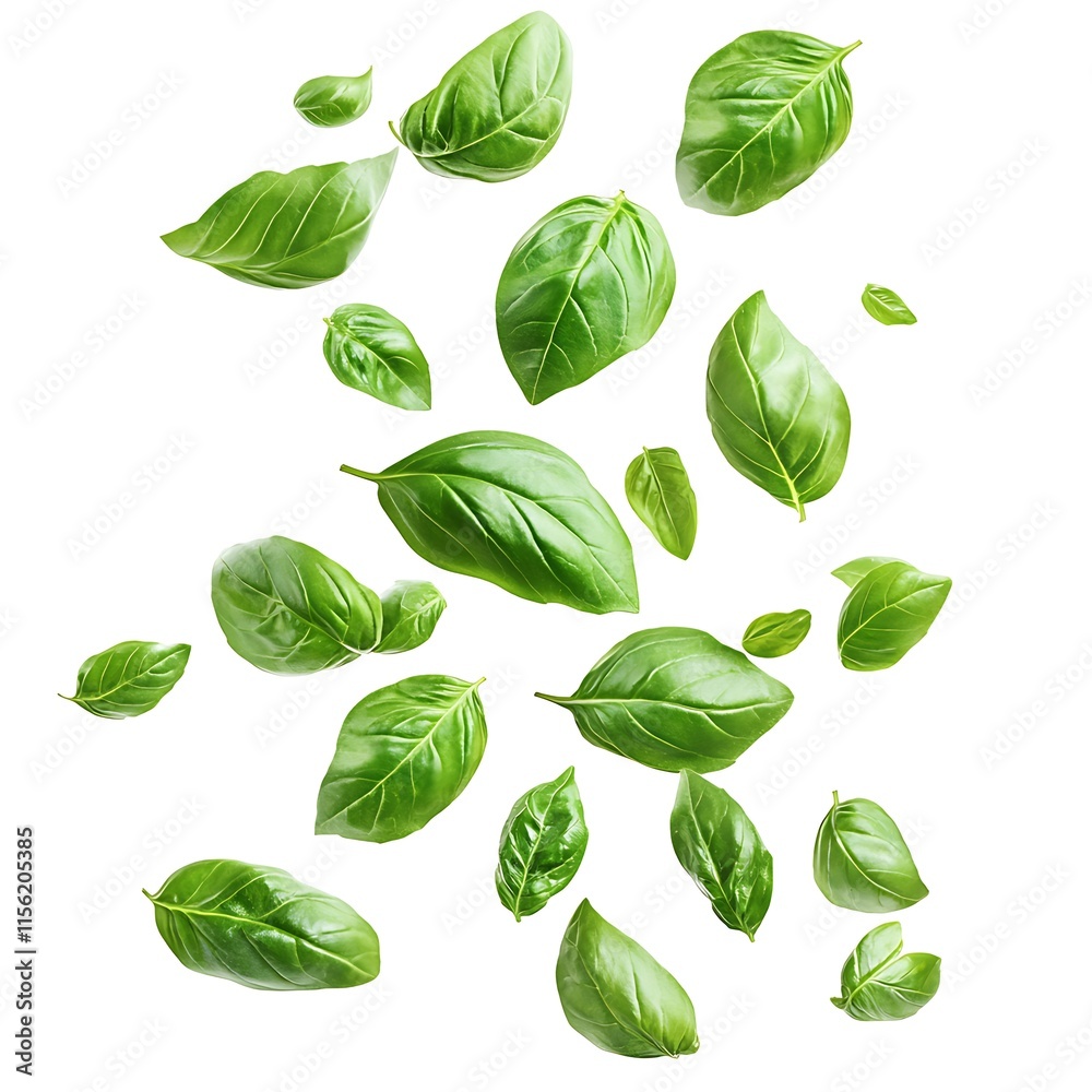 Falling green basil leaves nature still life studio close-up Falling green basil leaves nature still life studio close-up