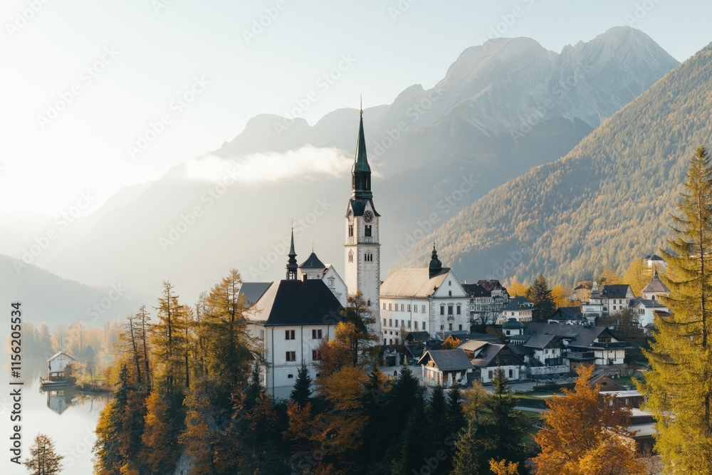 Dramatic sunrise over mountainous landscape with vibrant autumn foliage and historical church in Slovenia
