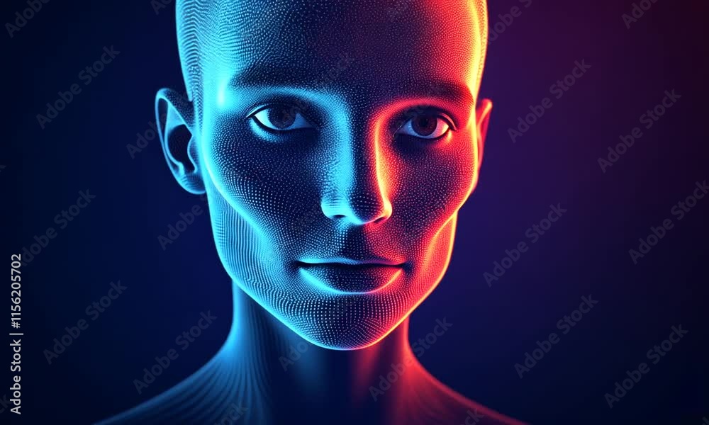 A digital representation of a human face created with colorful, flowing lines and dots. A digital representation of a human face created with colorful, flowing lines and dots.