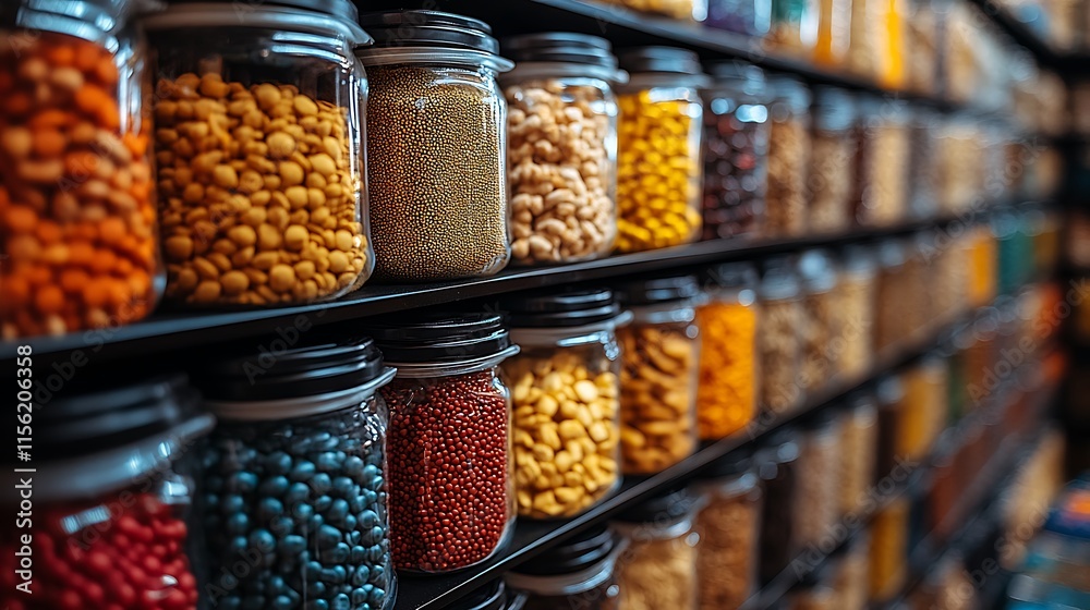 Glass Jars Filled With Various Colorful Seeds And Nuts Glass Jars Filled With Various Colorful Seeds And Nuts
