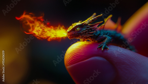 A small dragon breathing fire on someone's fingertip, macro photography, photo