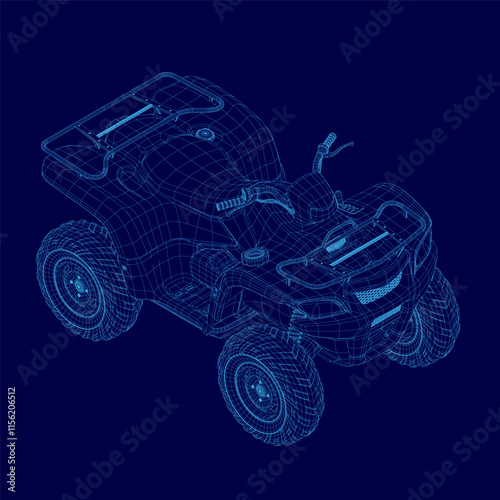 Blue atv with a engine and handle. The atv is shown in a 3D. Isometric view