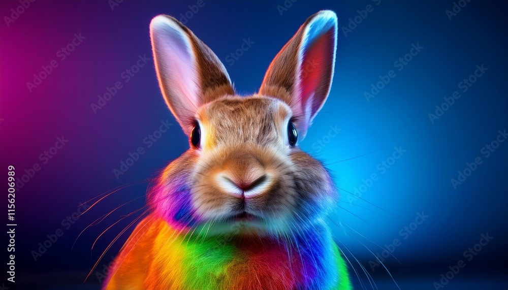 Obraz premium A rabbit with rainbow colored fur is staring at the camera