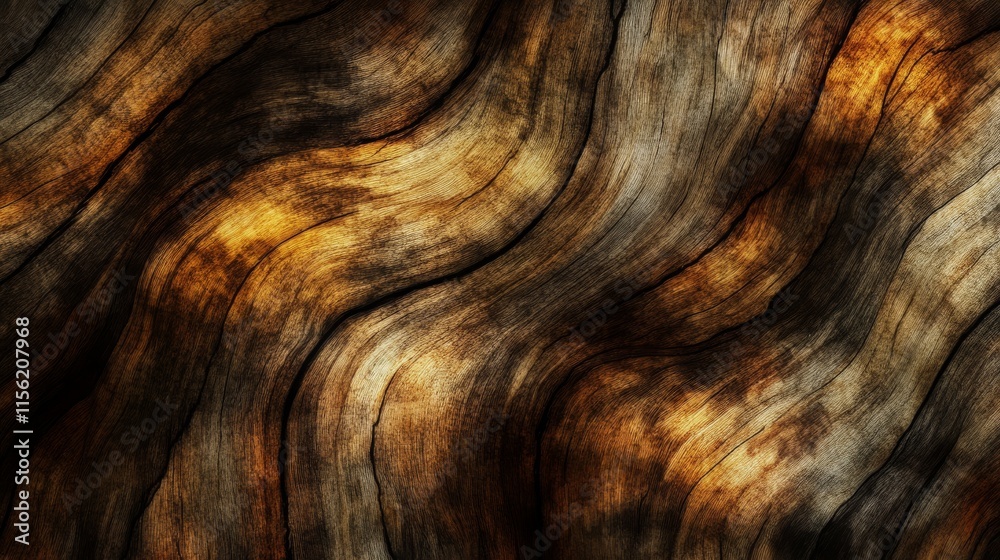Abstract Background of Wavy Wood Texture Featuring Rich Brown and Amber Tones with Intricate Grain Patterns for Artistic and Natural Design Use Abstract Background of Wavy Wood Texture Featuring Rich Brown and Amber Tones with Intricate Grain Patterns for Artistic and Natural Design Use
