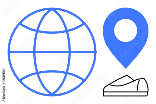 Globe symbolizing worldwide connectivity, location marker indicating position, and shoe representing movement and travel. Ideal for travel, navigation, global connectivity, tourism, technology