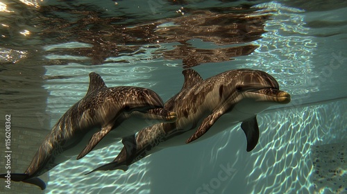 Two dolphins swim gracefully underwater, sunlight filtering through the water's surface. photo