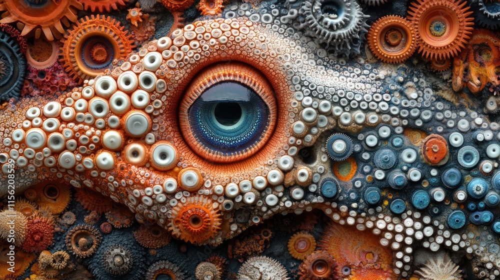 A close-up of a textured, colorful lizard eye made from mechanical gears and components. A close-up of a textured, colorful lizard eye made from mechanical gears and components.