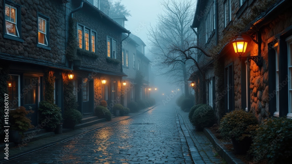 Fototapeta premium Mysterious Foggy Cobblestone Street at Dusk