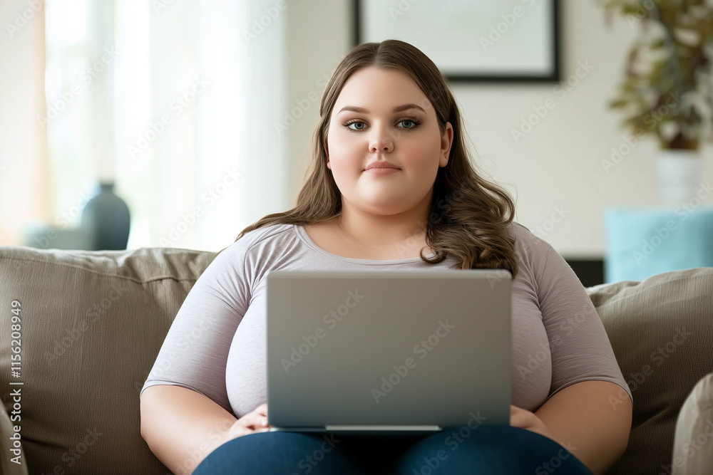 Fat woman teleworking at home sitting on a sofa using a laptop Fat woman teleworking at home sitting on a sofa using a laptop