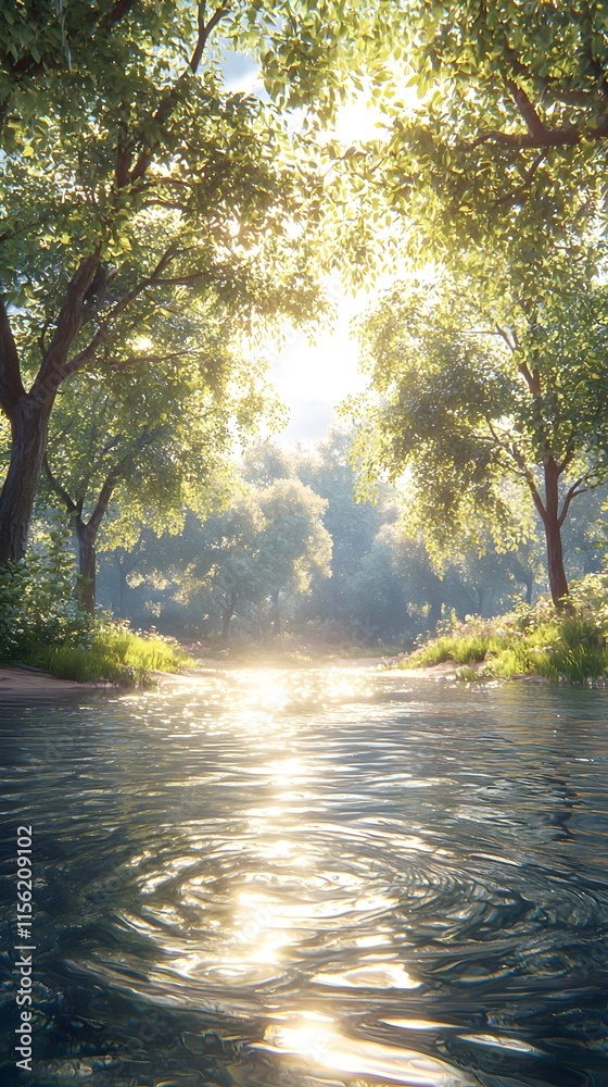 Serene view of a sunlit forest by a tranquil river, capturing the vibrant greens and sparkling water reflecting the golden sunlight filtering through the trees. Serene view of a sunlit forest by a tranquil river, capturing the vibrant greens and sparkling water reflecting the golden sunlight filtering through the trees.