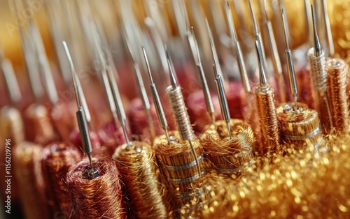 Close-up of shimmering gold and copper threads meticulously wound onto tiny spools, ready for weaving a magnificent tapestry. photo