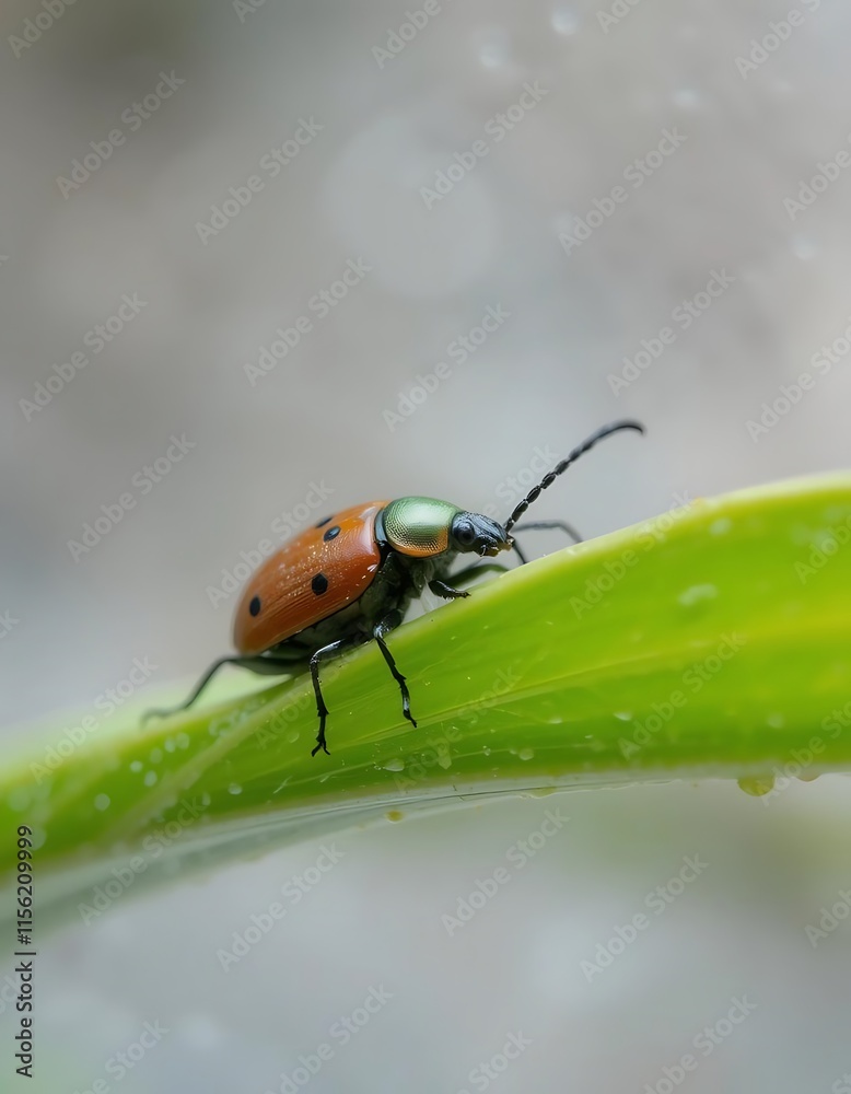 Fototapeta premium Orange Beetle Crawls on Green Leaf