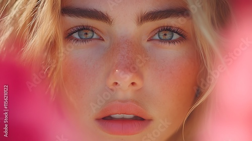 A Close Up Portrait Of A Woman With Blonde Hair And Freckles