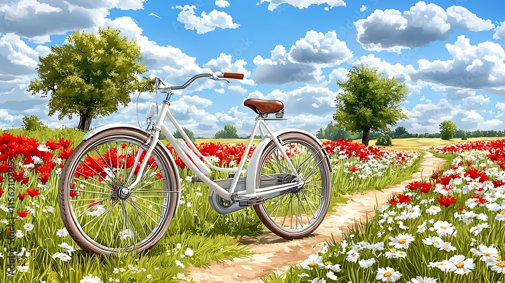 Fototapeta premium White Bicycle Parked Beside a Blooming Wildflower Path
