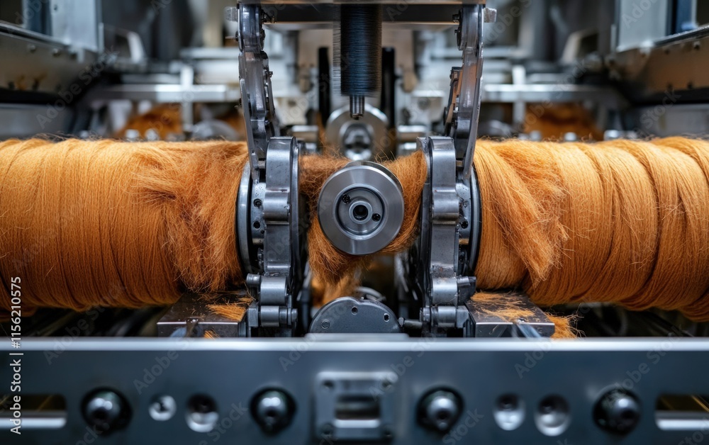 Intricate machinery meticulously crafts vibrant orange yarn, a testament to textile artistry and precision engineering. The process is mesmerizing. Intricate machinery meticulously crafts vibrant orange yarn, a testament to textile artistry and precision engineering. The process is mesmerizing.