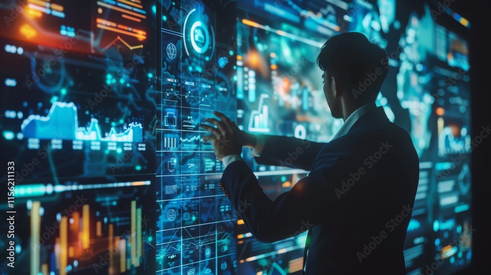 Ai Businessman working with modern interface Business analytics Big data technology and data science. Data flow concept.Business computing digital composite. Ai Businessman working with modern interface Business analytics Big data technology and data science. Data flow concept.Business computing digital composite.