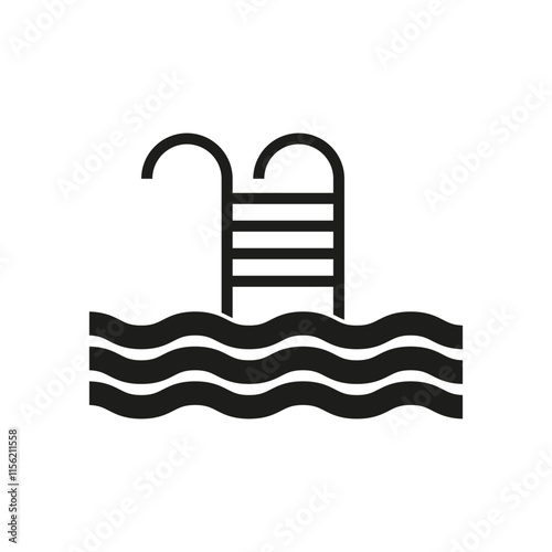 Swimming pool icon. Water waves symbol. Ladder entry design. Black vector illustration.