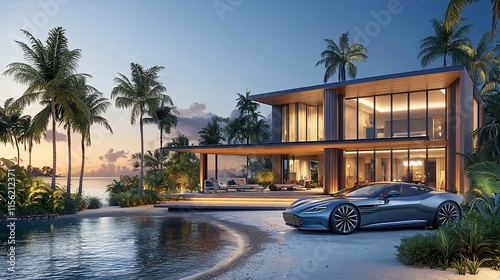 Modern beachfront house with luxury car at sunset.