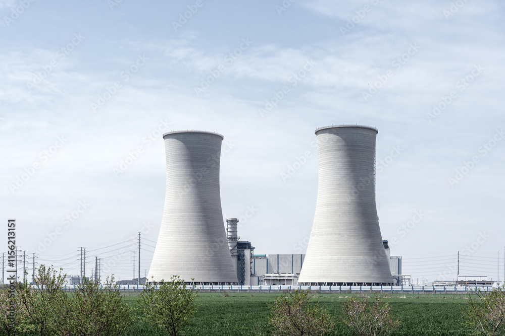 Majestic Cooling Towers Against a Serene Sky and Lush Green Landscape Majestic Cooling Towers Against a Serene Sky and Lush Green Landscape